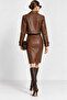 Brown Elara Crocodile Patterned Genuine Leather Pencil Skirt - 2