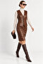 Brown Elara Crocodile Patterned Genuine Leather Pencil Skirt - 6