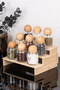 9-Piece Wooden Ball Lid Set - Glass Spice Jar Set with Removable Bamboo Stand and Transparent Labels, Storage Jar 300 ml - 6