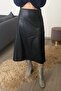 Swarıus Asymmetrical Sewing Detailed Women's Leather Skirt Black