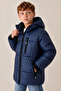 Boy's Navy Blue Fiber Hooded Windproof Puffer Winter Jacket - 3