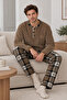 Premium Brown Plaid Winter Men's Fleece Pajama Set - 2