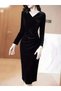 Women's Long Sleeve Double-Breasted Collared Side Gathered Front Cross Detailed Midi Velvet Dress - 5
