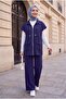 Double Suit with Stand Collar, Zipper Closure, Double Pockets, Elastic Waist - Dark Blue