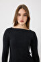 Boat Neck Long Sleeve Knitted Blouse - Black - 3