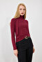 Long Sleeve Knitted Blouse with Tie-Back Detail - Burgundy - 4