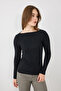 Boat Neck Long Sleeve Knitted Blouse - Black - 5