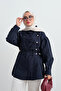 Women's Balloon Sleeve Hidden Button Shirt Navy Blue - 2