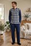 Men's navy blue plaid pajama set with flat back and slit detail 8219