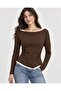 Women's Coffee Color Long Sleeve Garnished V-Neck Blouse