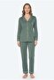 Women's green 100% cotton jersey pajama set, women's pajama set with buttoned hem