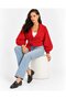 Women's Red Belted Jacket Shawl Collar Balloon Sleeve Adjustable Waist Stylish Jacket