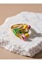Adjustable Pinterest Ring with Green Enamel Leaves and Yellow and Pink Enamel Tulip Buds - 3