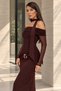 Women's Boat Neck Draped Long Sleeve Midi Dress with Gold Accessories - Brown - 4