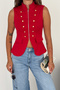 Women's Zippered Epaulet Vest Jacket with Steel Button Detail - 2