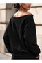 Black Women's Off-The-Shoulder V-Neck Oversized Sweatshirt – Loose Sweatshirt with Cross Collar Detail - 4