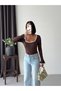 Women's Bitter Coffee Square Neck Spanish Sleeve Blouse with Lace on the Sleeves and Collar Sandy Fabric Long Sleeve Blouse - 7
