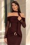 Women's Boat Neck Draped Long Sleeve Midi Dress with Gold Accessories - Brown - 2