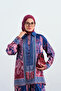 Women's Brit Buttoned Ethnic Patterned Shirt Collar Satin Suit Navy Blue - 3
