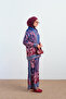 Women's Brit Buttoned Ethnic Patterned Shirt Collar Satin Suit Navy Blue - 4