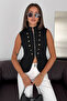 Women's Zippered Epaulet Vest Jacket with Steel Button Detail - 3