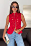 Women's Zippered Epaulet Vest Jacket with Steel Button Detail - 3