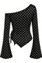 Polka Dot Long Sleeve Asymmetric Collar Draped Side Tie Spring Autumn Blouse Top - 2
