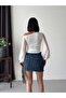 Women's White One-Shoulder Open Chiffon Sleeve Half Turtleneck Sandy Fabric Long Sleeve Blouse - 4