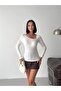 Women's White Asymmetrical Collar Lace Sandy Fabric Long Sleeve Blouse - 6