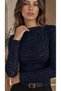 Women's Navy Blue Self-Zebra Patterned Boat Neck Long Sleeve Sandy Fabric Blouse with Side Gathered Detail - 4