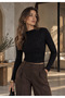 Women's Black Self-Zebra Patterned Boat Neck Long Sleeve Sandy Fabric Blouse with Side Gathered Detail - 5