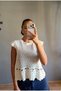 Women's Ecru Openwork Knit Blouse Short Sleeve Crew Neck Embroidered