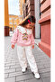 Girl's Top Pink Teddy Bear Printed Collared Sweater White Pants Set