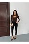 Women's Bitter Brown Front Buckle Sandy Fabric Long Sleeve Blouse - 4
