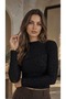 Women's Black Self-Zebra Patterned Boat Neck Long Sleeve Sandy Fabric Blouse with Side Gathered Detail - 2