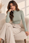 Women's Mint Stand Collar Backless Knot Detailed Long Sleeve Camisole Fabric Short Blouse - 4