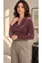 Women's Lilac Velvet Fabric Degaje Collar Long Sleeve Blouse - 4