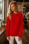 Women's Round Neck Long Sleeve Thessaloniki Sleeve Hair Braided Twisted Stylish Elegant Casual Red Knitwear Sweater - 6