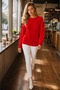 Women's Round Neck Long Sleeve Thessaloniki Sleeve Hair Braided Twisted Stylish Elegant Casual Red Knitwear Sweater - 7