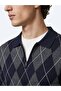 Navy Blue Polo Collar Baklava Cotton Blend Knit Sweater - 4