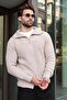 Stone Color Zippered Stand Collar Men's Knitwear Cardigan E7529