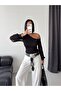 Women's Black One-Shoulder Open Sleeve Chiffon Balloon Sleeve Sandy Fabric Blouse - 7