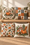 Orange Green Plaid Pumpkin Leaf 4 Throw Pillow Covers 1 Runner 5 Piece Set - 2