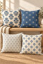 Navy Blue Beige Shawl Damask Patterned 4 Throw Pillow Covers 1 Runner 5 Piece Set - 2