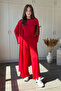 Modal Fabric 3-Piece Long Red Cardigan Pants Blouse Set