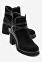 Venice Black Suede Belted Thick Heeled Women's Boots