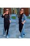 Denim Garnished Striped Denim Girls' Two-Piece Bottom and Top Set