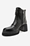 Stena Black Leather Genuine Leather Women's Thick Heeled Boots with Zipper Detail - 8