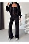 Women's Black Zippered Bustier 3 Threaded Ribbed Triple Tracksuit Set Get26372