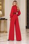 Women's Red Balloon Sleeve Belt Shirt Collar Crepe Fabric Jumpsuit Nbk5006 - 5
